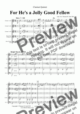 page one of For he is a Jolly Good Fellow - Folk Song and Toast - Clarinet Quintet