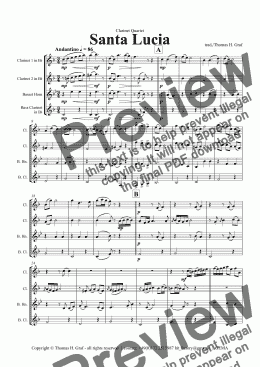page one of Santa Lucia - Italian Folk Song - Here in the twighlight - Clarinet Quartet 