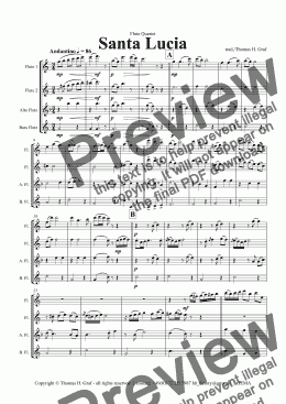 page one of Santa Lucia - Italian Folk Song - Here in the twighlight - Flute Quartet 
