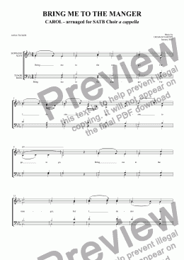 page one of CAROL - BRING ME TO THE MANGER for SATB a cappella and Piano. Words: Anna Tucker