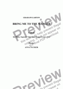page one of CAROL - BRING ME TO THE MANGER - CAROL for Flute, Soprano Voice and Piano. Words: Anna Tucker