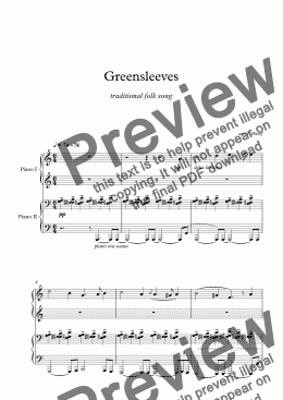 page one of GREENSLEEVES - piano 4 hands