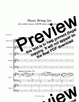 page one of Music Brings Joy (for treble voices, SATB choir and 2 pianos) - Score and parts