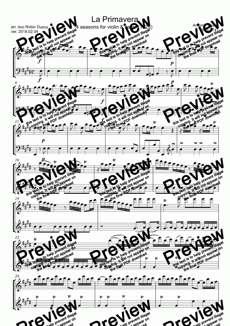 page one of Vivaldi - Four Seasons - La Primavera Spring Printemps 四季 協奏曲第1番ホ長調 RV 269「春」 (ヴィヴァルディ) -  PDF - Duo duet 二重唱 violin cello