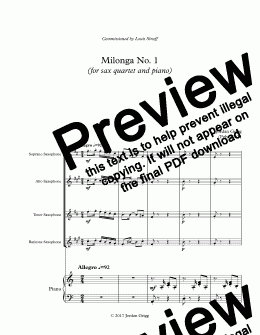 page one of Milonga No 1 (for sax quartet and piano) - Score and parts