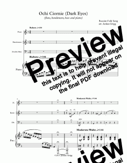 page one of Ochi Ciornie (Dark Eyes) (flute, bandoneon, bass and piano) - Score and parts