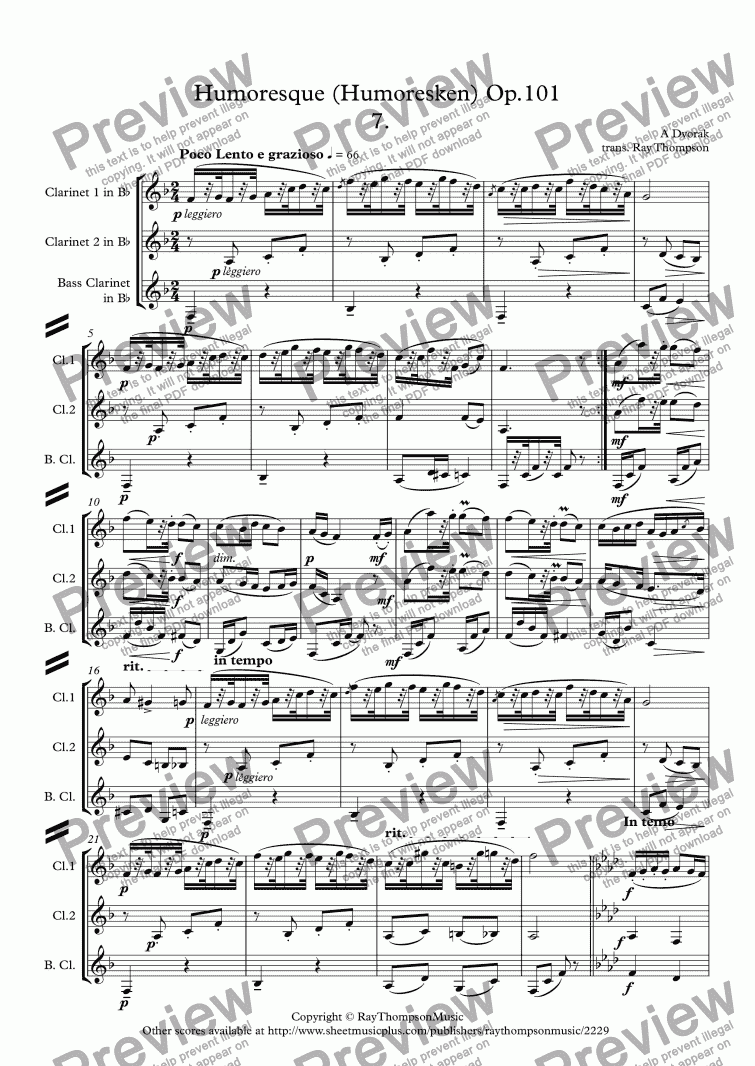 page one of Dvorak: Humoresque No.7 (Humoresken) Op.101 - clarinet trio (2 Bb and bass)