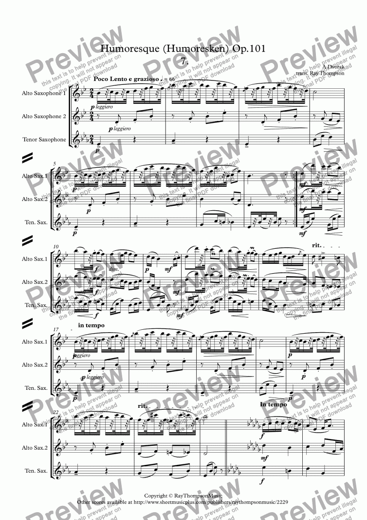 page one of Dvorak: Humoresque No.7 (Humoresken) Op.101 - saxophone trio