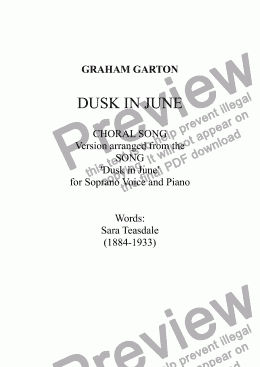 page one of CHORAL SONG - DUSK IN JUNE - CHORAL SONG version arranged from SONG 'Dusk in June' for Soprano Voice and Piano. High key G. Words: Sara Teasdale (1884-1933)