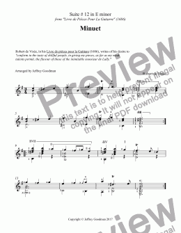 page one of Minuet by Robert de Visée - Suite 12 in E minor 