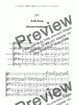page one of Tchaikovsky - ''Folk Song (Kamarinskaya)'' from ''Album for the Young'' Op.39 for Woodwind Quintet