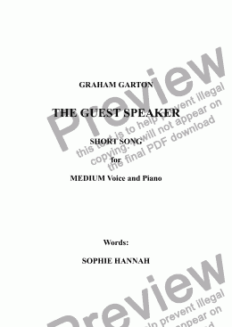 page one of SONG - 'THE GUEST SPEAKER' for MEDIUM  Voice and Piano. Words: Sophie Hannah (b.1971)