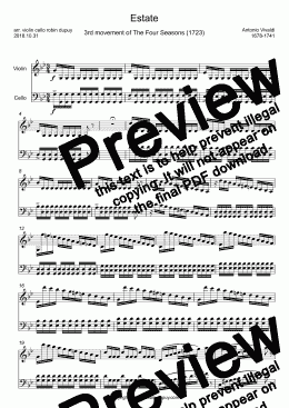 page one of Vivaldi - Four Seasons - Estate Summer Été 四季 協奏曲第2番ト短調 RV 315「夏」 (ヴィヴァルディ) - 3rd movement - PDF - Duo duet 二重唱 violin cello