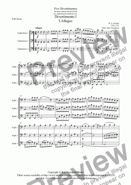 page one of Five Divertimentos for three basset horns K439b arr. euphonium/trombone trio