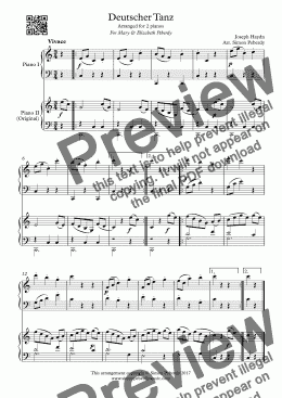 page one of Deutscher Tanz by J Haydn in a new easy arrangement for 2 pianos by Simon Peberdy
