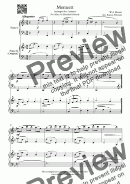 page one of Menuett (W A Mozart) in a new, easy arrangement for 2 pianos by Simon Peberdy
