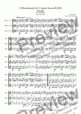 page one of Mozart: 5 Divertimenti for 3 basset horns K439b No.III Mvt.5 Rondo - horn trio