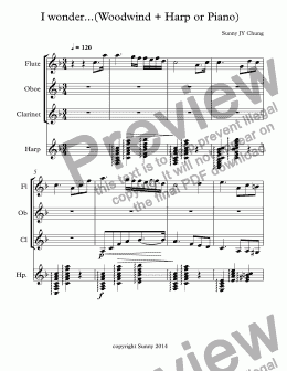 page one of I wonder...(Woodwind Trio + Harp or Piano)
