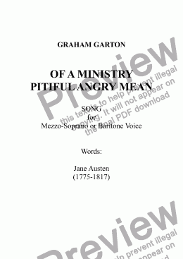 page one of SONG - 'OF A MINISTRY PITIFUL ANGRY MEAN' FOR MEZZO-SOPRANO OR BARITONE VOICE. Words" Jane Austen (1775-1817)