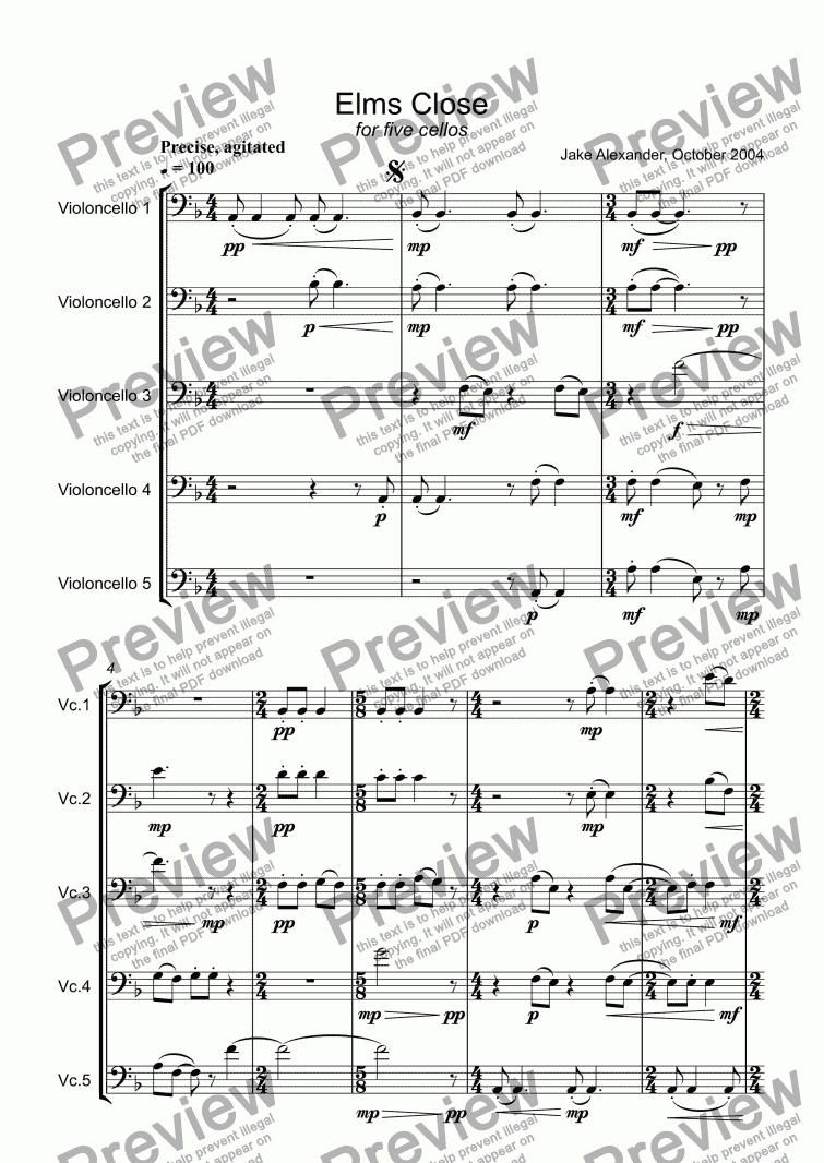 page one of Elms Close (for five cellos)