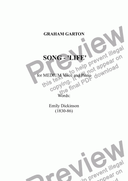 page one of SONG -  'LIFE' for MEDIUM Voice and Piano. Words: Emily Dickinson (1830-86)