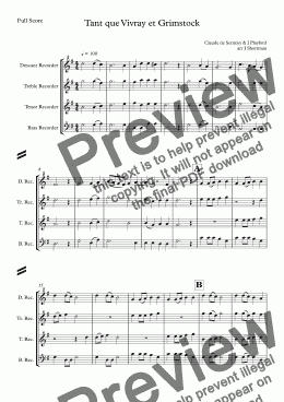 page one of Tant que Vivray et Grimstock arranged for Recorder Ensemble