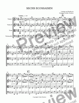 page one of SECHS ECOSSAISEN Final string quartet arrangement