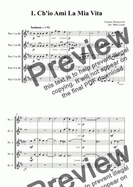page one of Brass Quintet - Monteverdi Madrigals Book 1 - 01. Ch'io Ami La Mia Vita