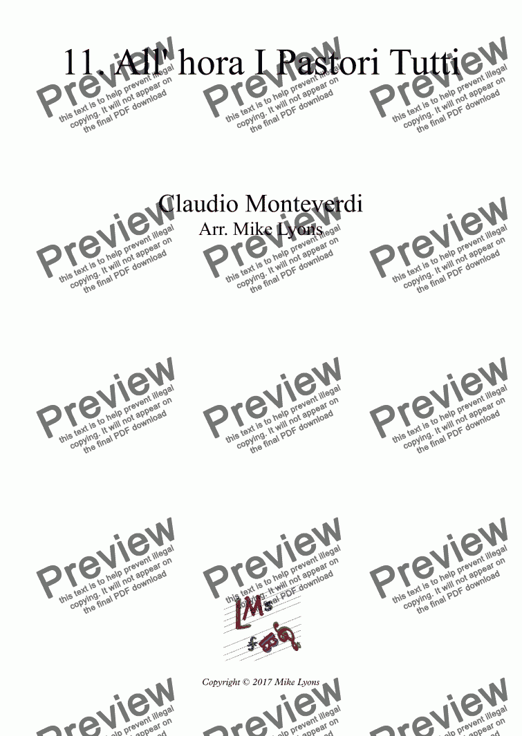page one of Brass Quintet - Monteverdi Madrigals Book 1 - 11. All' hora I Pastori Tutti