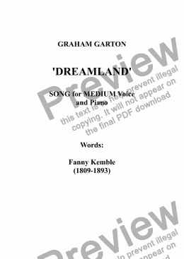 page one of SONG - 'DREAMLAND' for SOPRANO or TENOR Voice and Piano. A conventional Waltz. Words: Frances Anne Kemble = Fanny Kemble (1809-1893) 