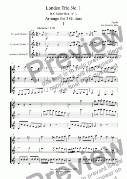 page one of London Trio No. 1  in C Major Hob. IV 1. Arrange for 3 Guitars I
