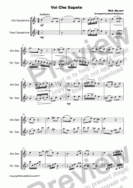 page one of Voi che Sapete Duet for Alto and Tenor Saxophone