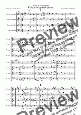 page one of SCHUBERT, Franz: Fifteen Original Dances from D.365 arranged for Recorder Quartet (desc, tr, ten, bass)