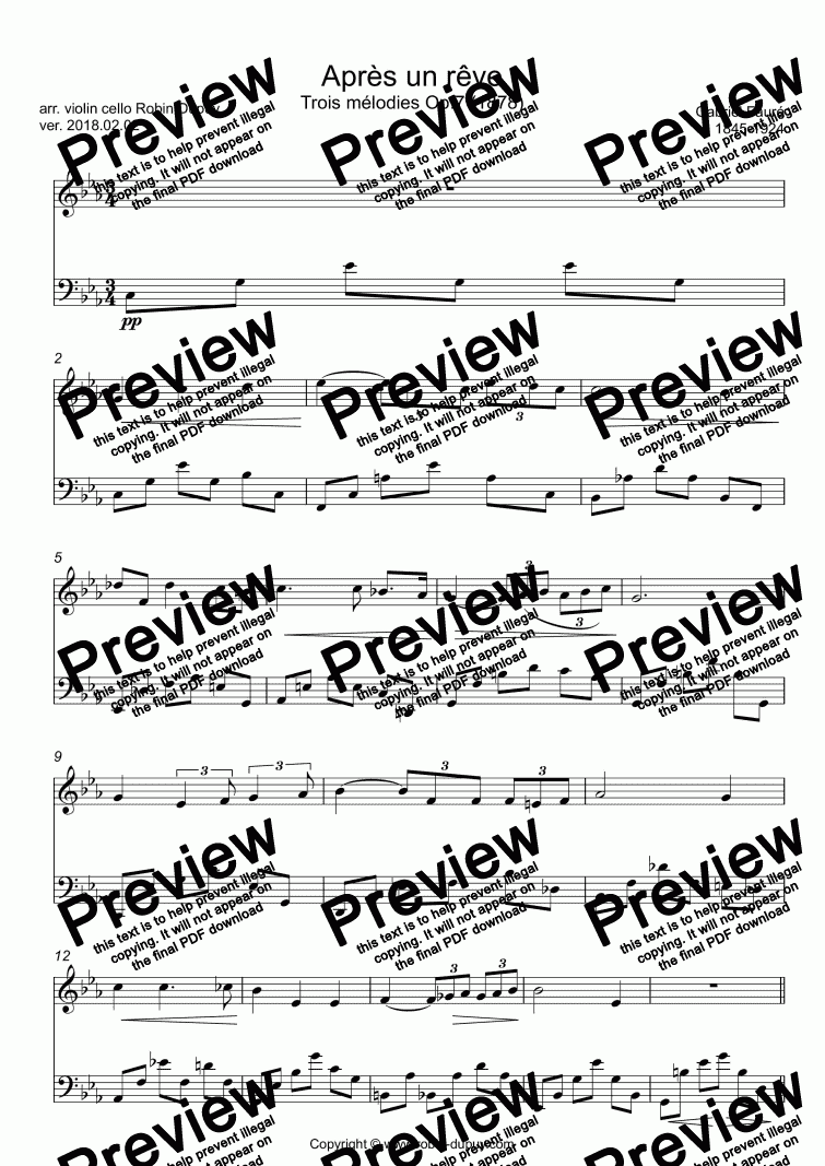 page one of Fauré - Après un rêve - Trois mélodies, 「夢のあとに」 フォーレ Op. 7 - PDF - Duo duet 二重唱 violin cello