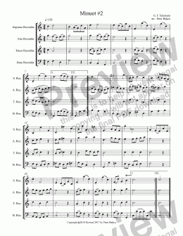 page one of GP Telemann Minuet 02 (for SATB Recorders)
