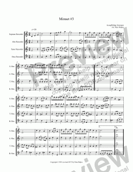 page one of GP Telemann Minuet 03 (SATB Recorders)