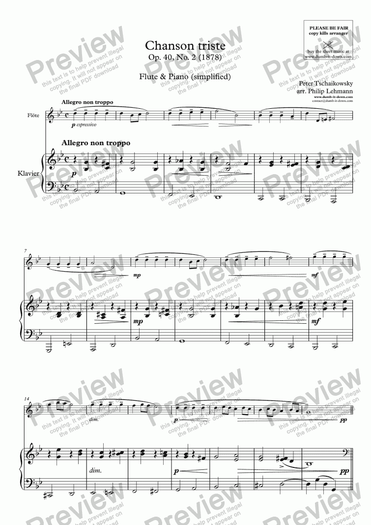 page one of Tschaikowski, P. - Chanson triste - for Flute (orig.) & Piano (simplified)
