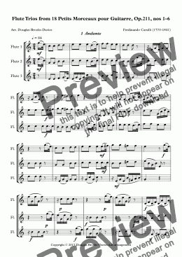page one of CARULLI, Ferdinando: Flute Trios from 18 Petits Morceaux pour Guitarre, Op.211, nos 1-6 (3 fl)