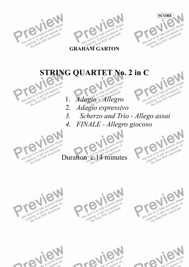page one of STRING QUARTET No.2 IN C - SCORE (Duration 14 Minutes))