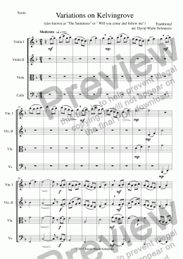 page one of Kelvingrove (aka Will you come and follow me) for string quartet