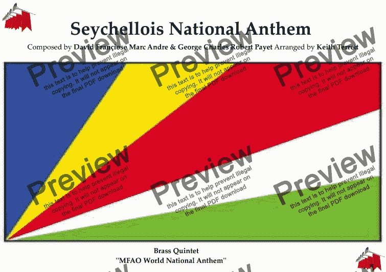 page one of Seychelles (Koste Seselwa-Seychellois, Unite!) National Anthem for Brass Quintet