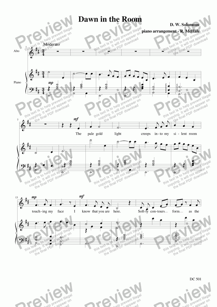 page one of Dawn in the room for alto or baritone and piano