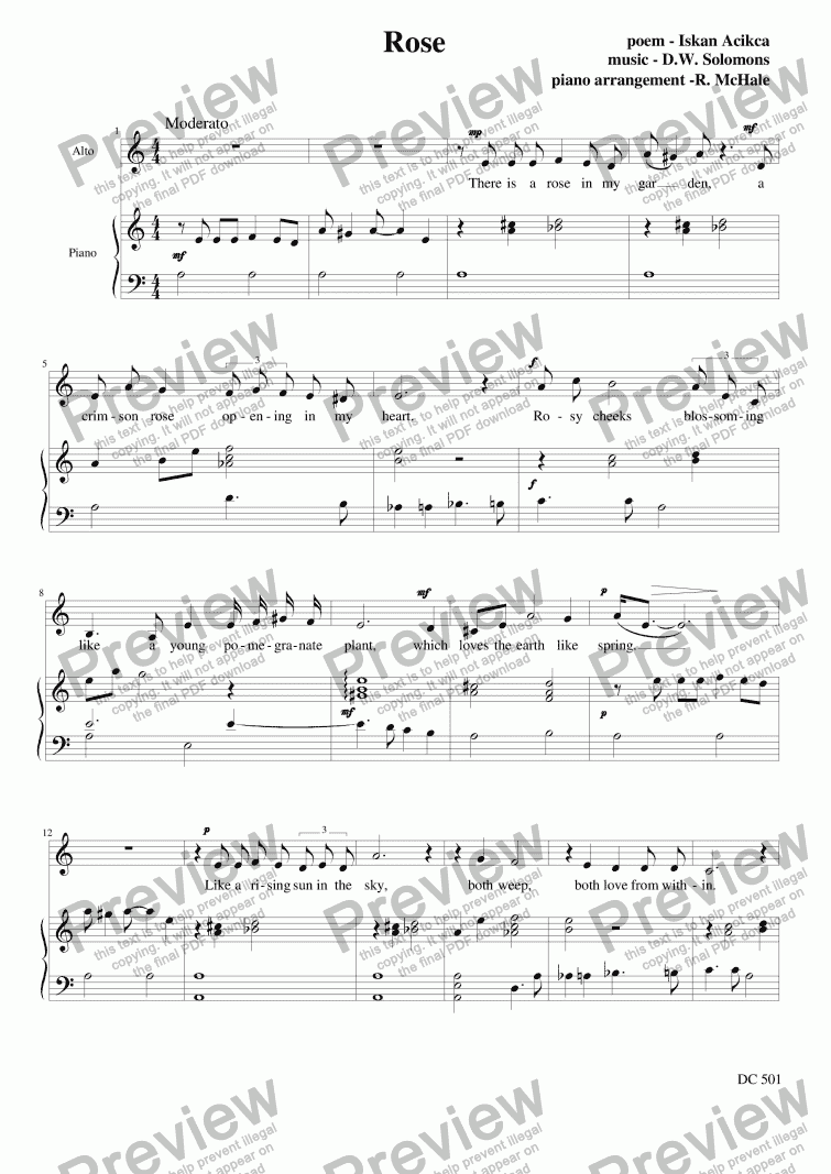 page one of Rose for alto or baritone and piano
