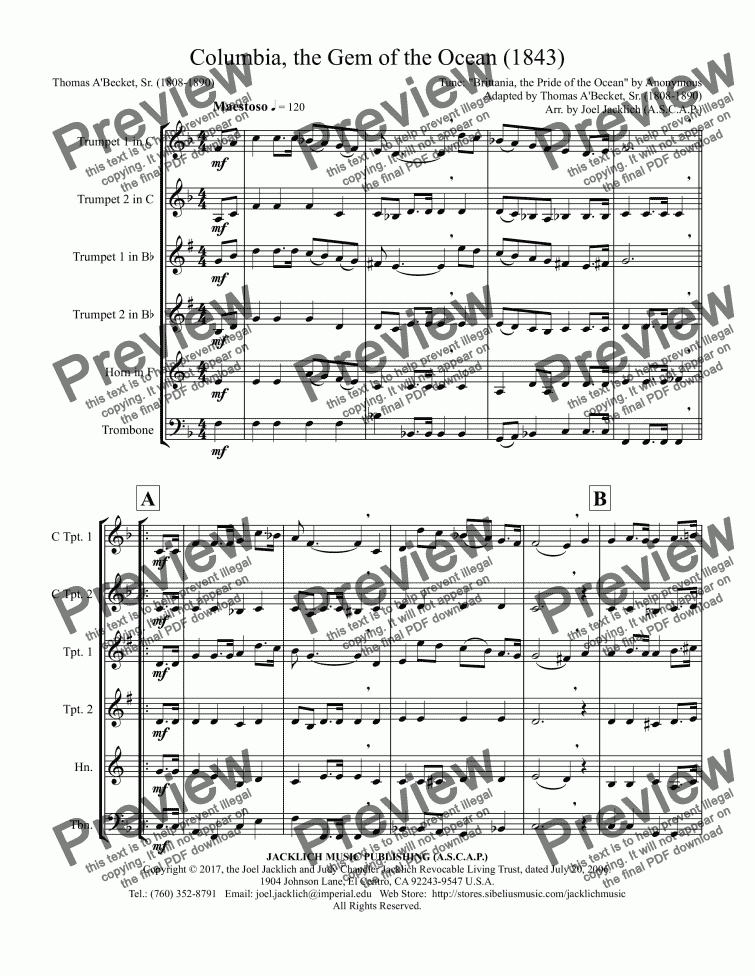 page one of Columbia, the Gem of the Ocean (1843) for Brass Quartet
