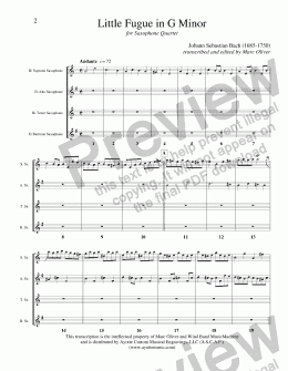 page one of Bach - Little Fugue in G Minor for Saxophone Quartet
