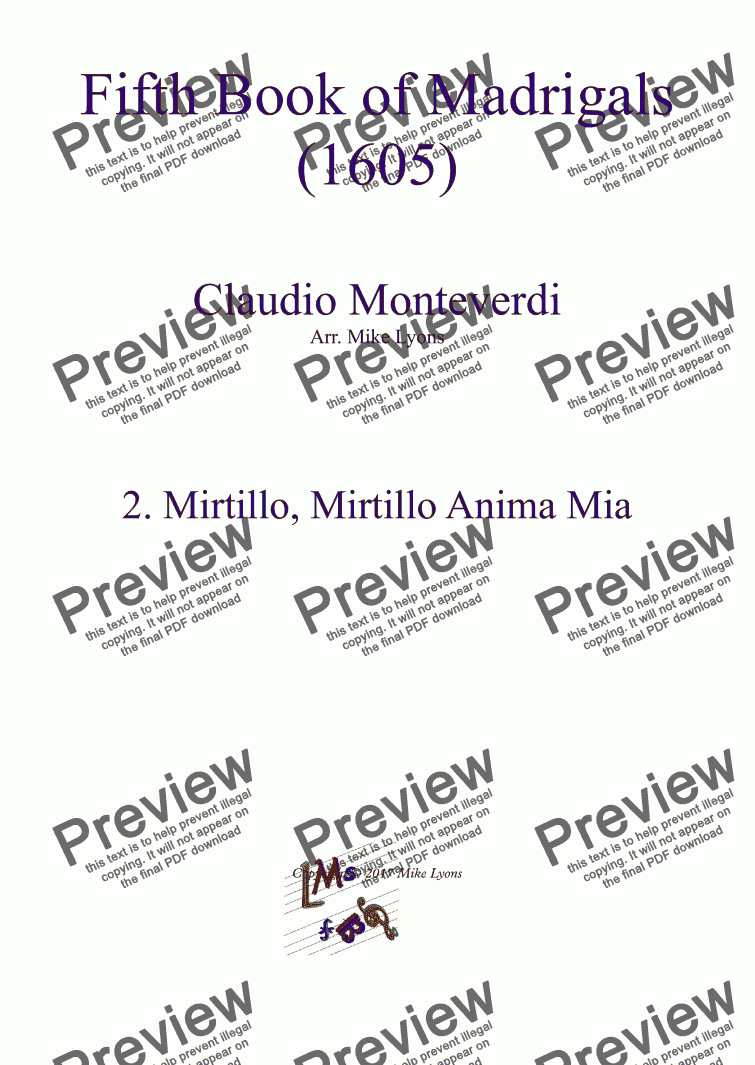 page one of Brass Quintet - Monteverdi Madrigals Book 5 - 02. O Mirtillo, Mirtillo