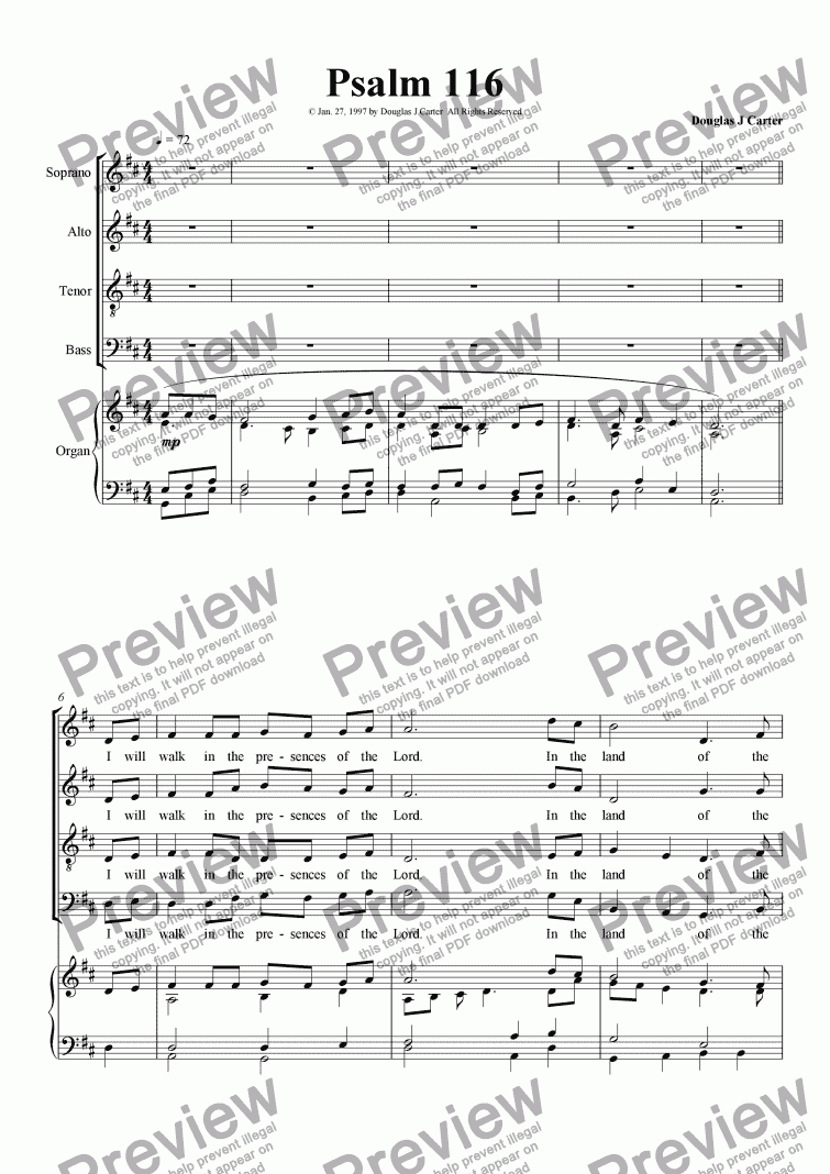 page one of Psalm 116 I Will Walk in the Shelter of the Lord (Keyboard SATB)