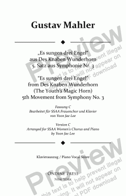 page one of Mahler (arr. Lee): Symphony No. 3 5th movement, Piano Vocal Score (Version C for SSAA Chorus)