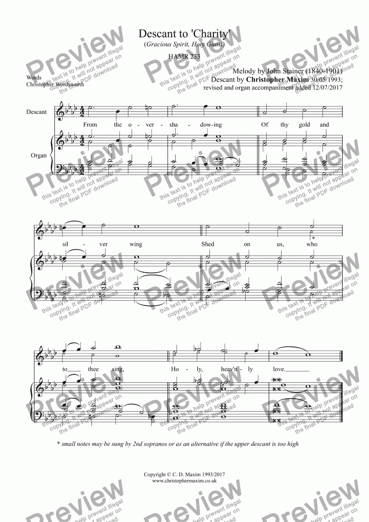 page one of Descant to 'Charity' (Gracious Spirit, Holy Ghost) with special organ accompaniment