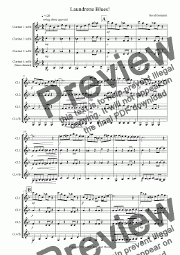 page one of Laundrette Blues!  for Clarinet Quartet